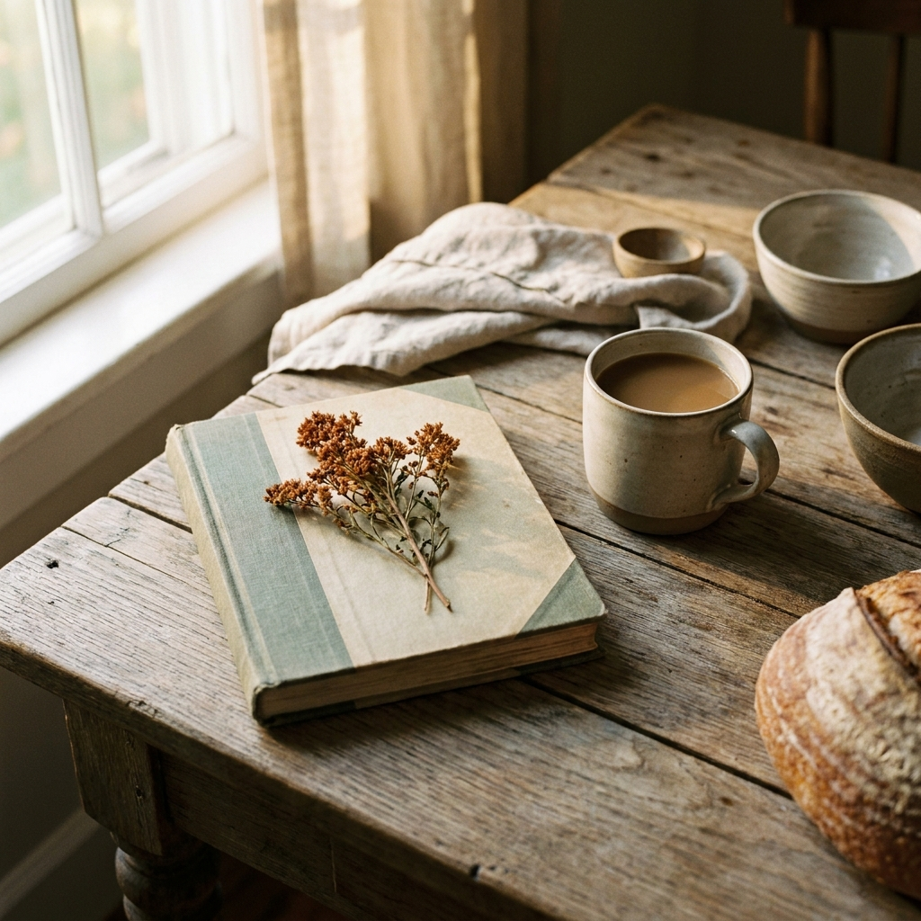 A closed linen-bound journal with a dried wildflower beside a cup of coffee — Blackbird Hollow