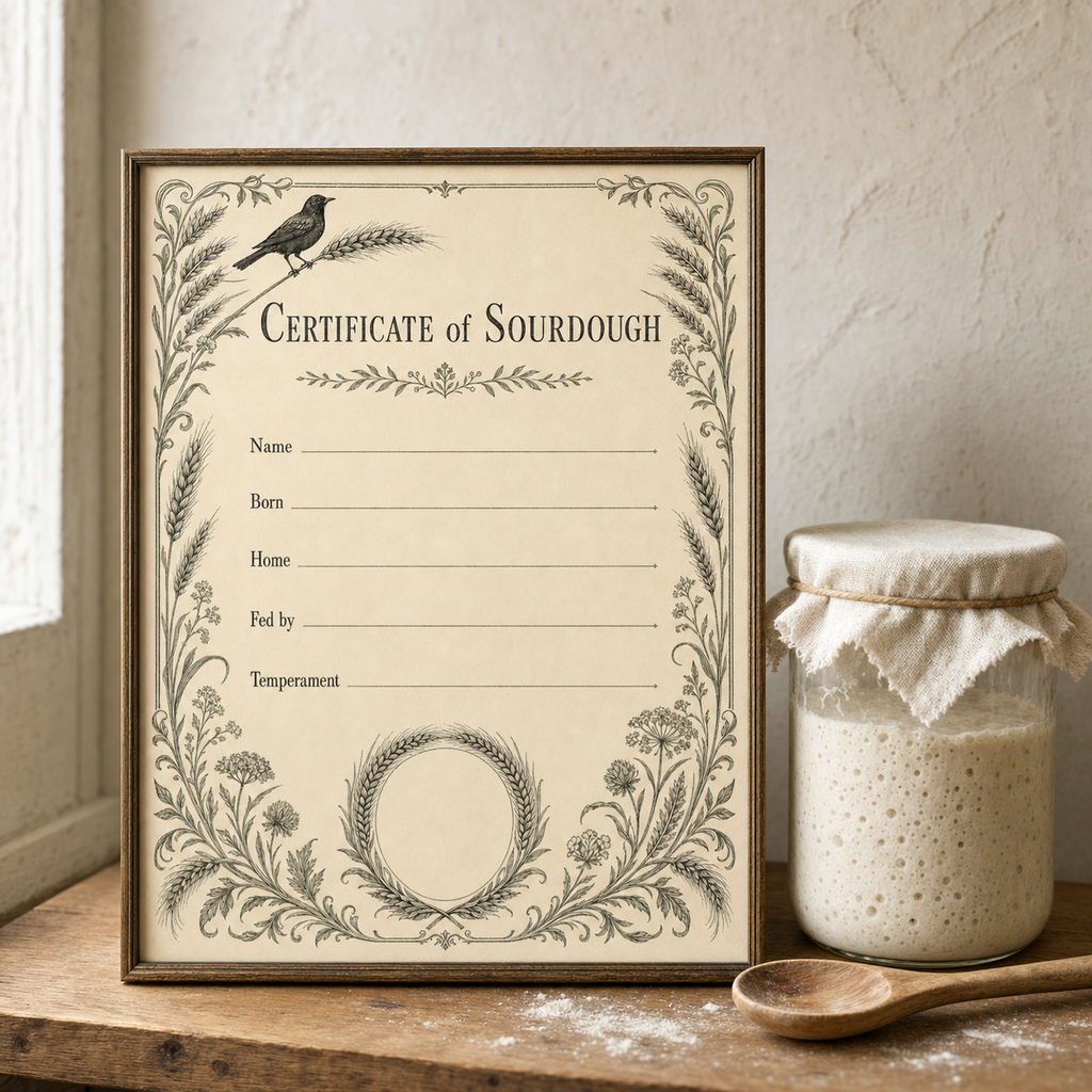Certificate of Sourdough — framed by the crock